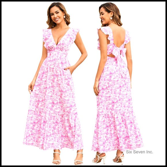 Dresses & Skirts - Floral Maxi Dress with V Neck Ruffle Flutter Sleeves and Pockets